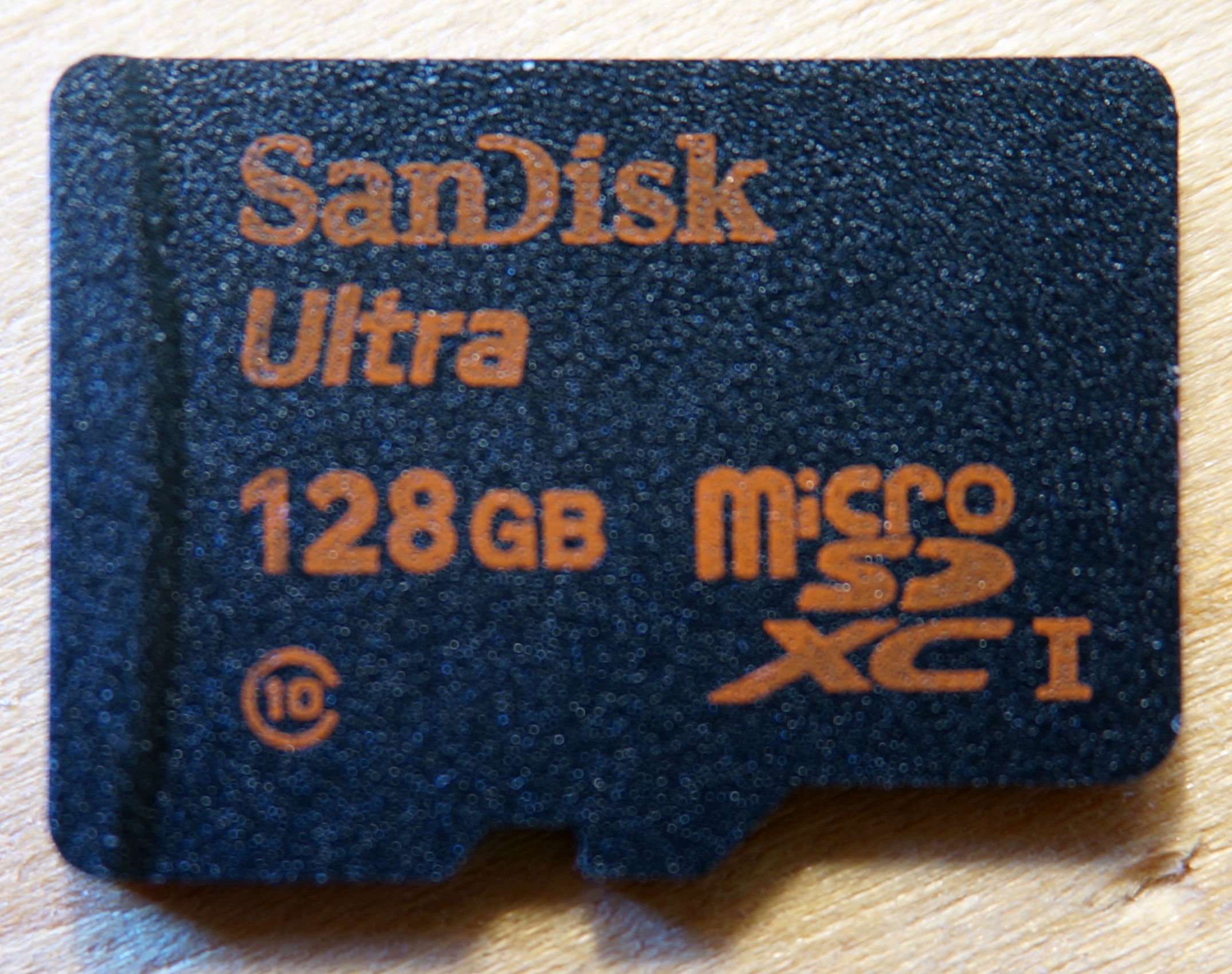 Close-up of a SanDisk Ultra 128GB microSDXC memory card