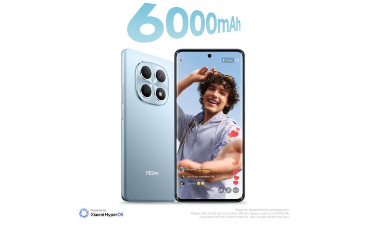 Redmi phone promotional artwork displaying a 6000mAh battery label