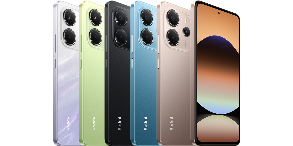 Redmi Note 14 4G front and rear views in several official colours