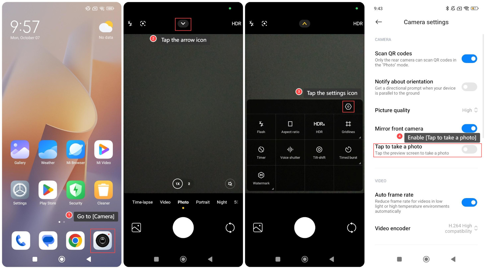 Four phone screenshots showing the Camera app and camera settings, including Tap to take a photo